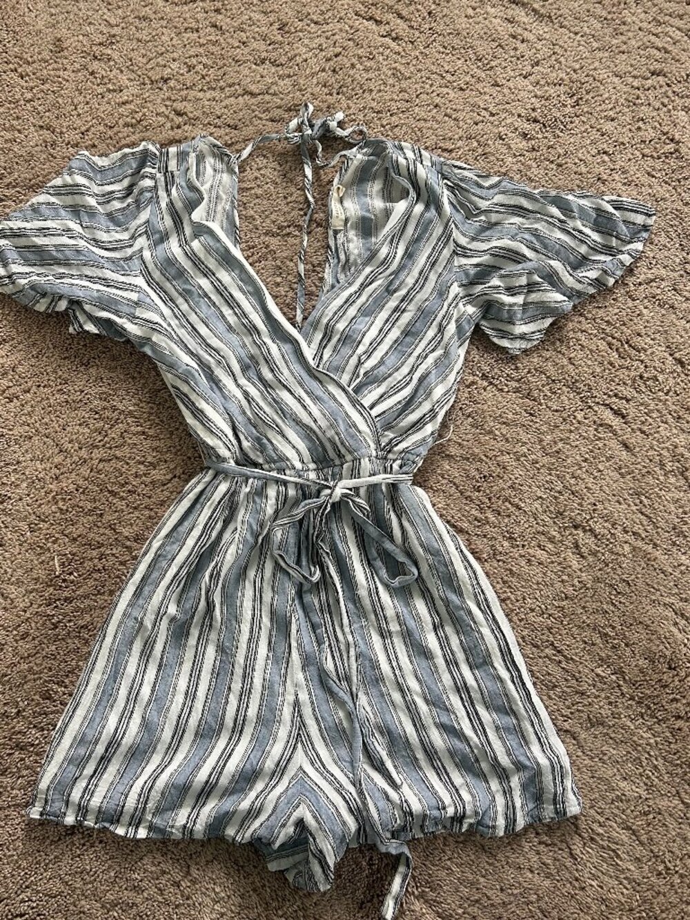 Francesca's Harper Blue and White Striped Short Sleeve Romper with Tie Back